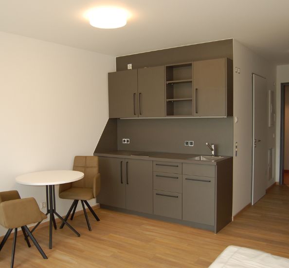 Blick in eine Wohneinheit mit Küchenecke
